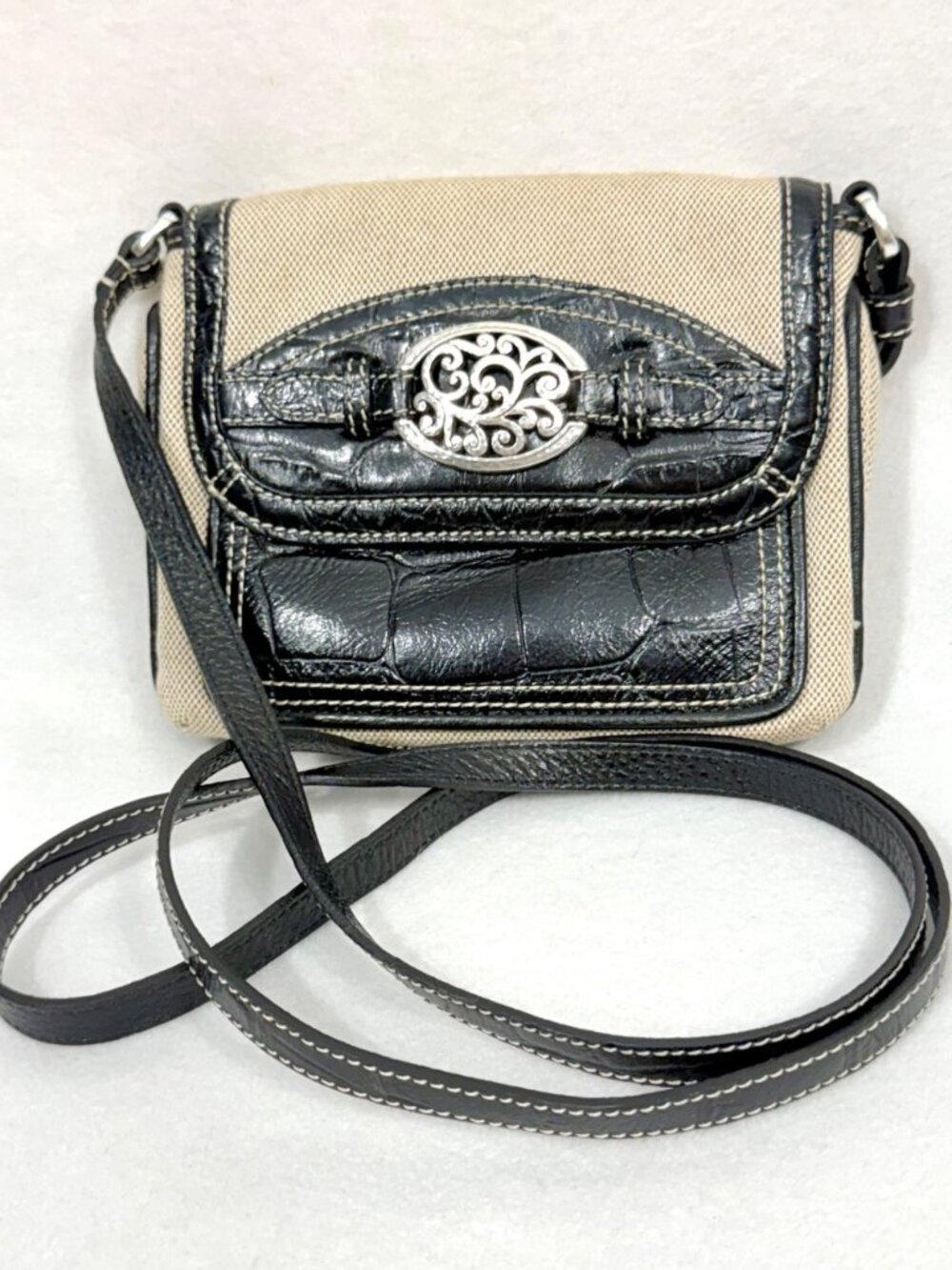 Brighton Beige/Black Canvas w/Croc-Embossed Leather & Silver Tone Crossbody